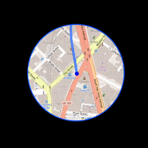 Animated map highlighting a circular area around a pinpointed location at the intersection of New York Avenue NE and Florida Avenue NE in Washington, D.C.