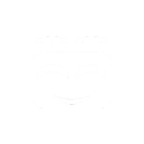 White stylized smiling face with closed eyes and arched eyebrows on a black background.