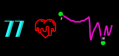 Neon-style graphic showing a heart rate of 77 with a red heart icon and a purple ECG line on black background.