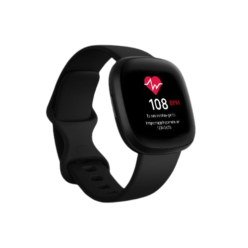 Black fitness smartwatch displaying heart rate of 108 BPM with heart icon on screen.