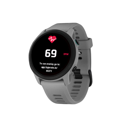 Gray smartwatch displaying heart rate of 69 BPM and a URL for heart rate overlay.