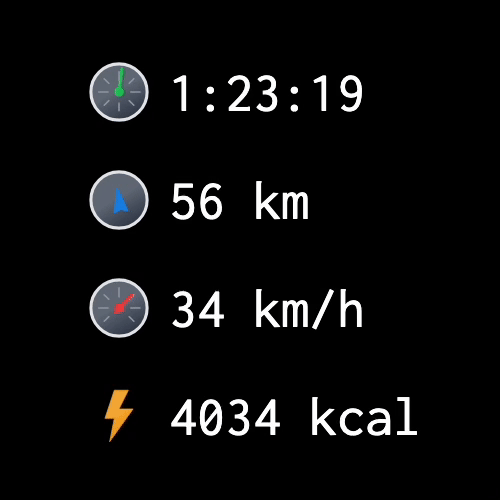 Timer showing 1 hour 23 minutes 19 seconds, distance 56 kilometers, speed 34 km/h, and energy burned 4034 kcal on a black background.